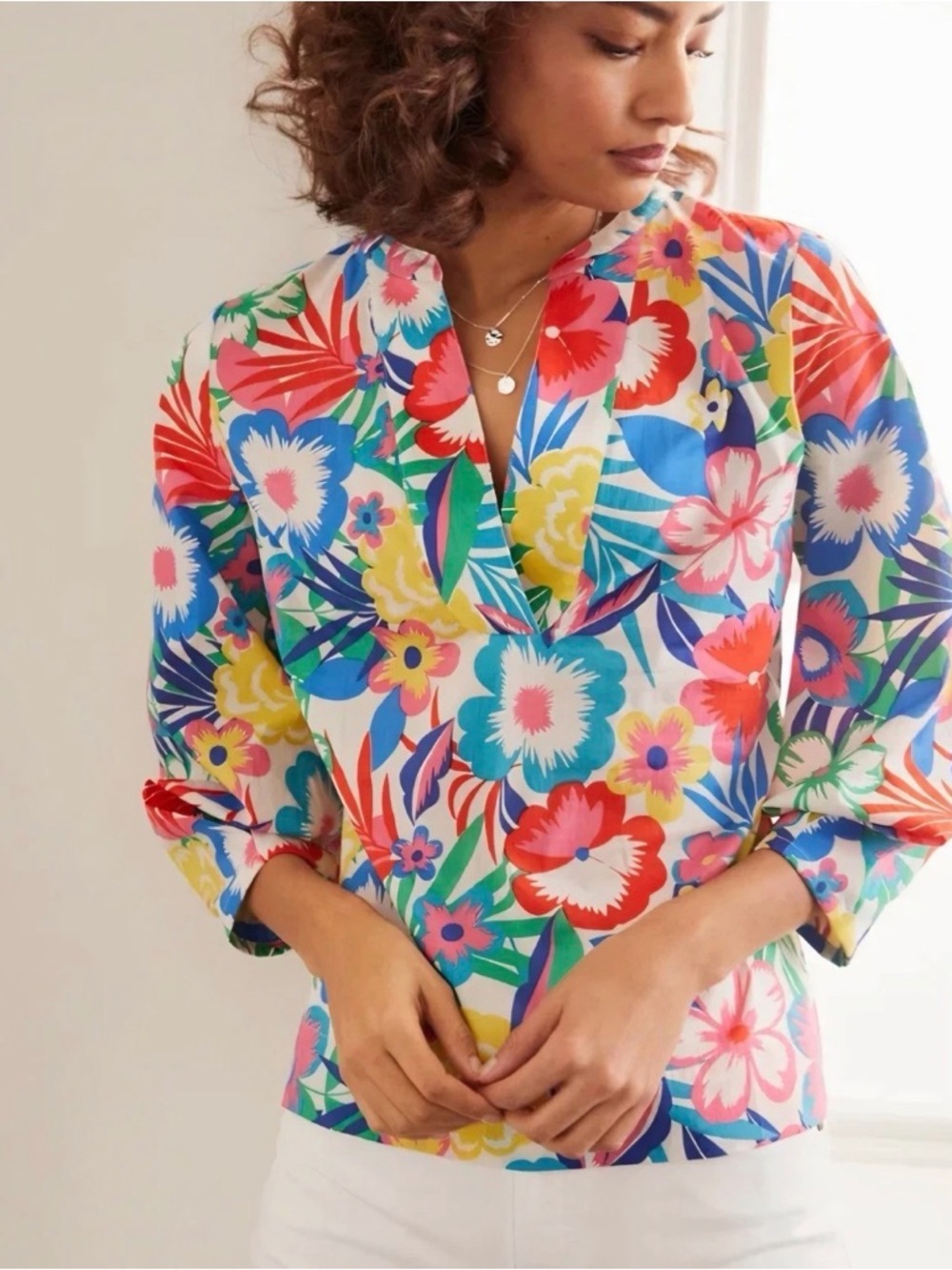 Boden Multi Floral Roberta V Neck 3/4 Sleeve Cotton Blouse Shirt Tropical US 6